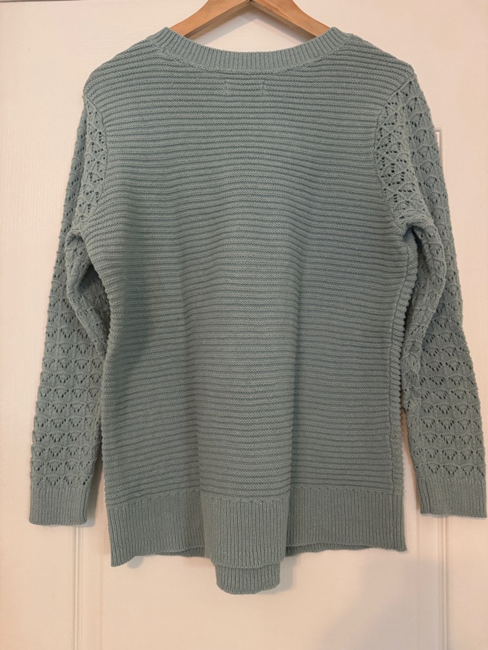 croft & barrow Sage Green Crewneck Sweater with Crochet Yoke and Sleeves - Picture 3 of 6